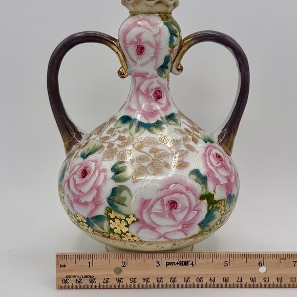 Antique Nippon Pink and Gold Porcelain Vase with Elegant Floral Accents & Gilt - Picture 6 of 12